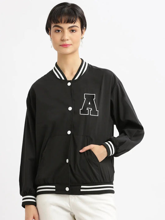Women's Black Windcheater Crop Bomber Jacket