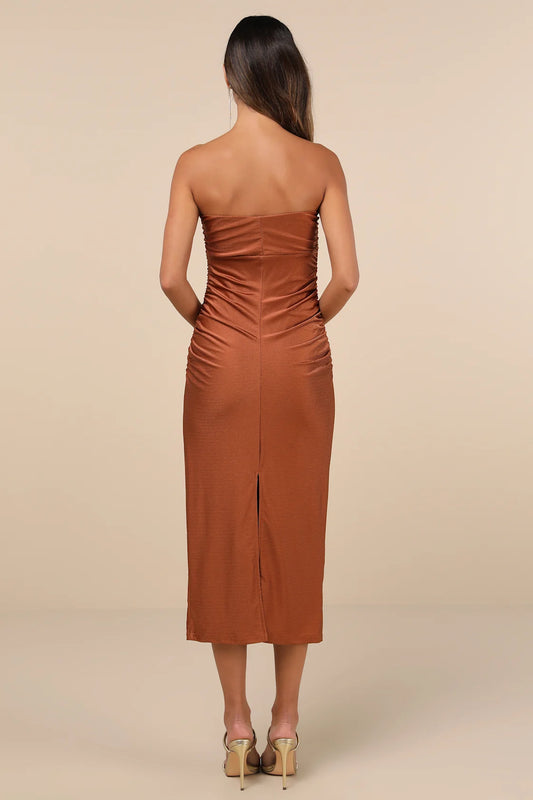 Gorgeous Reputation Dark Green Strapless Ruched Midi Dress