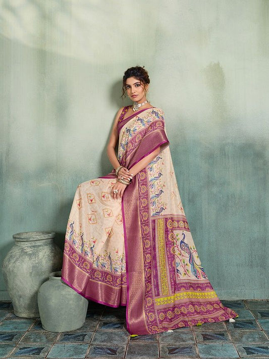 Linen Printed Saree with Zari Border