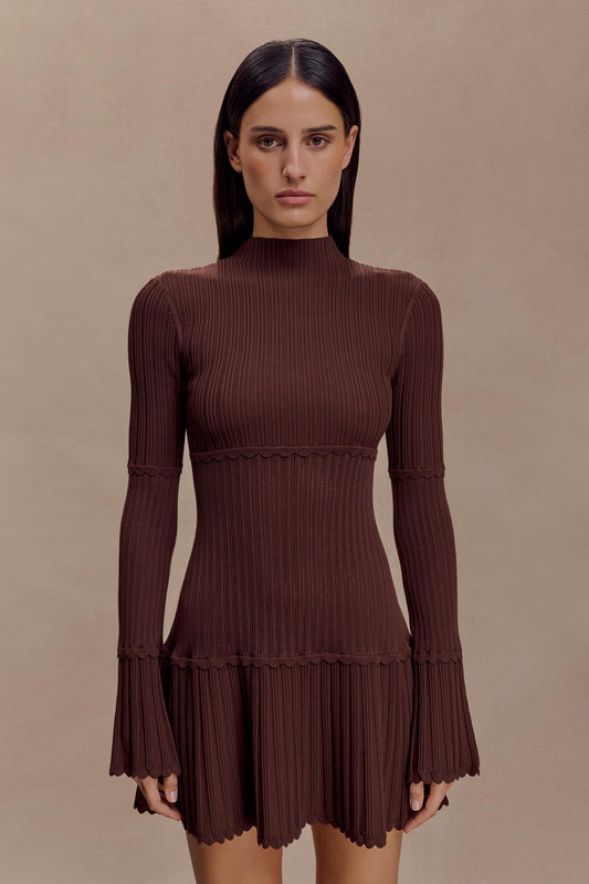 Adena Pointelle Knit Mini Dress - Chocolate