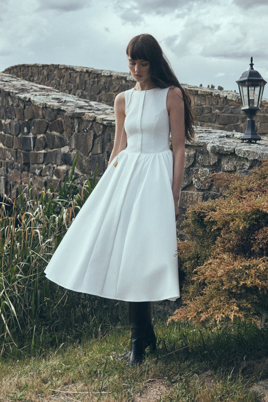 Monika Gathered Waist Cotton Midi Dress - White