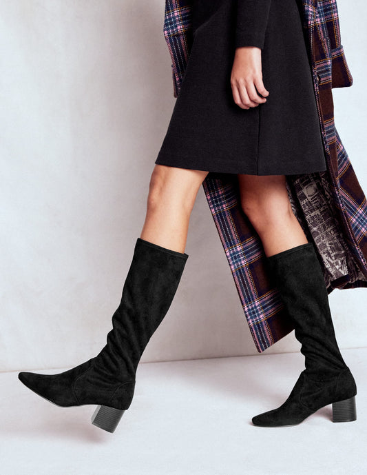 Block Heel Stretch Boots-Black
