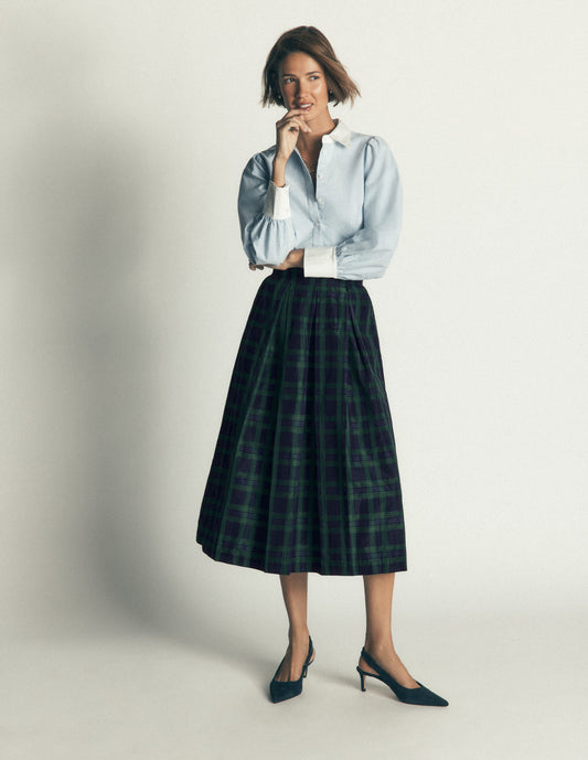 Verity Taffeta Midi Skirt-Navy, Green,Blue Tonal Check