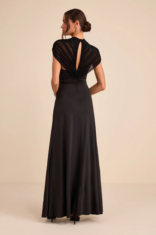 Murielle Black Mesh Ruched Maxi Dress