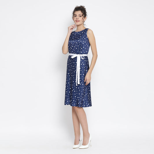 Blue White Silk Polka Sleeveless Dress With Tie Knot Belt
