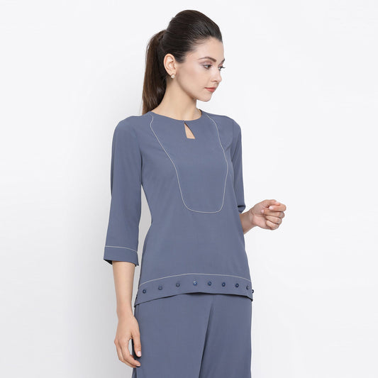 Stone Blue Crepe Top With White Top Stitching At Yoke