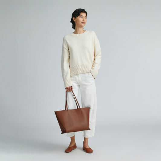 The Luxe Medium Italian Leather Tote | Cognac