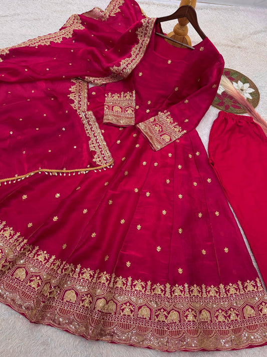 Royal Wine Red Embroidered Anarkali Suit with Designer Dupatta