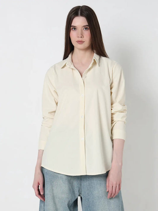 Women's Solid Cream Regular fit Long Sleeve Casual Shirt