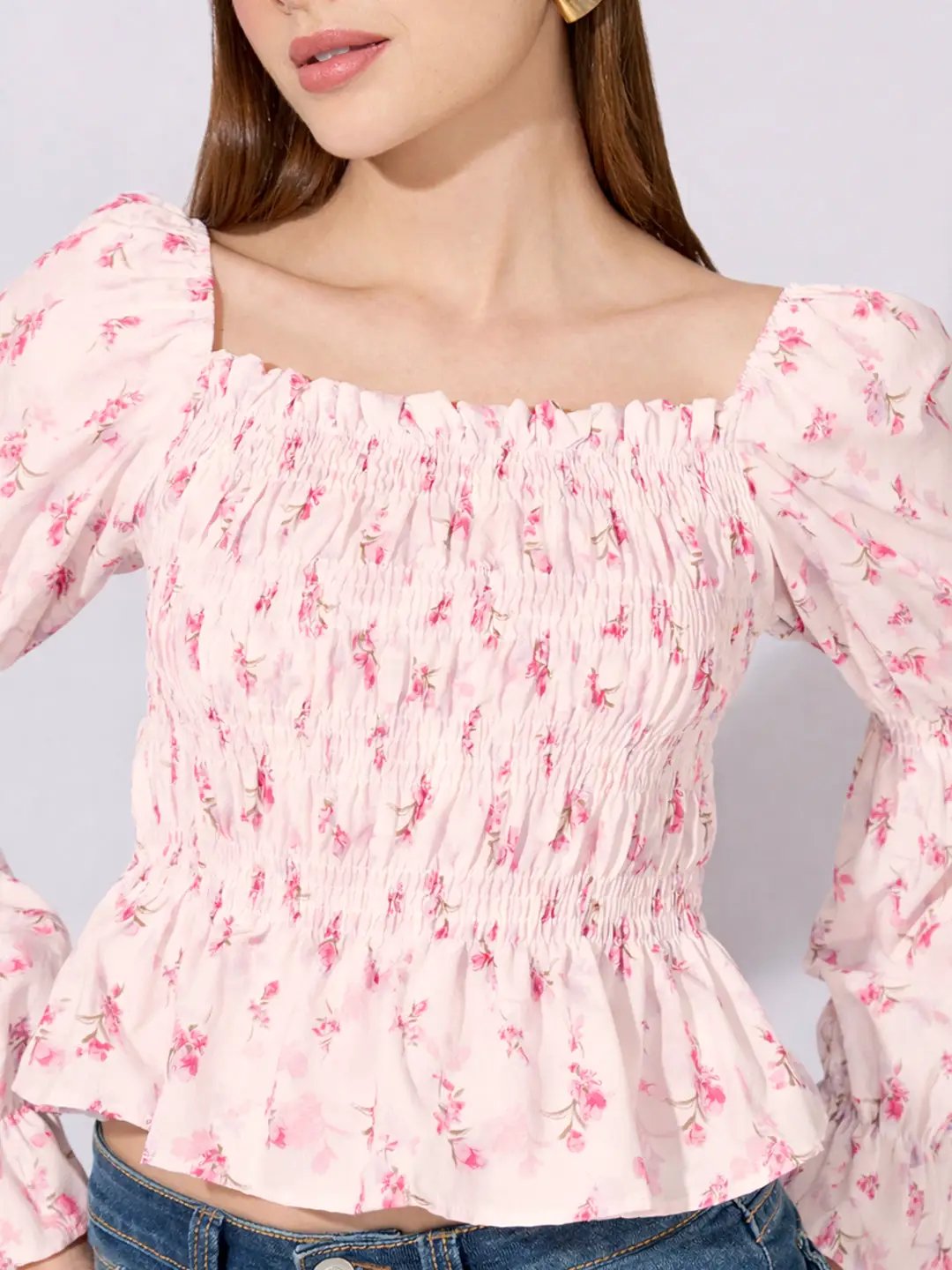 Women's Floral Print Pink Smocked Top with Ruffle Hem