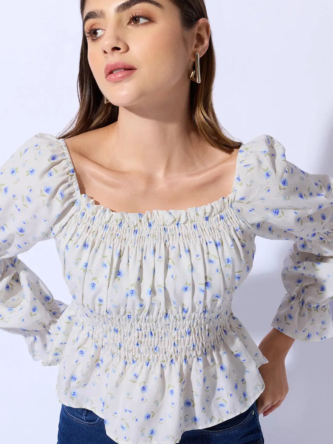 Women's Floral Print Blue Smocked Peplum Top