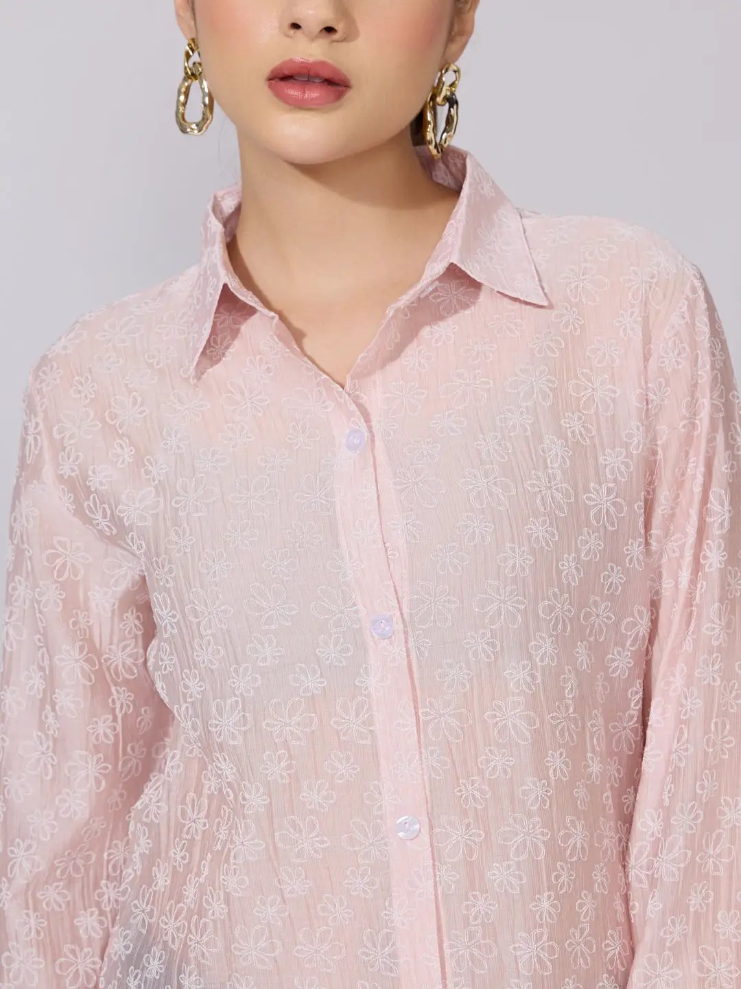 Women's Embroidered Pink Sheer Button-Down Shirt