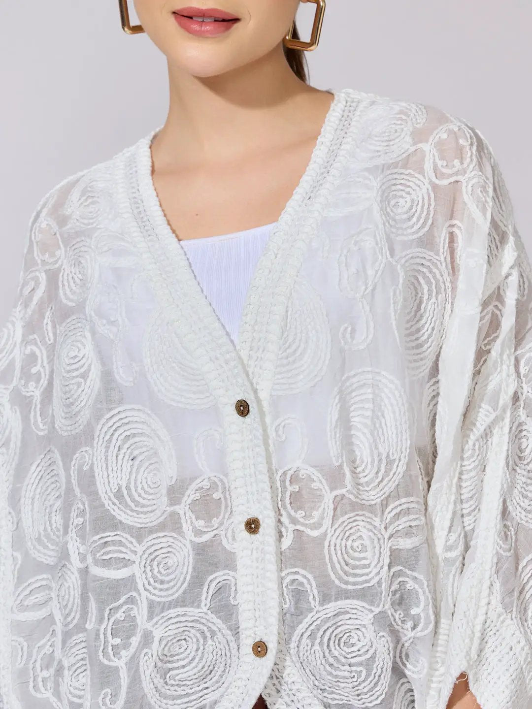 Women's Embroidered White Open Front Sheer Top