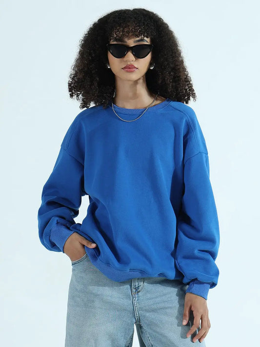 Women's Blue Oversized Round Neck Sweatshirt