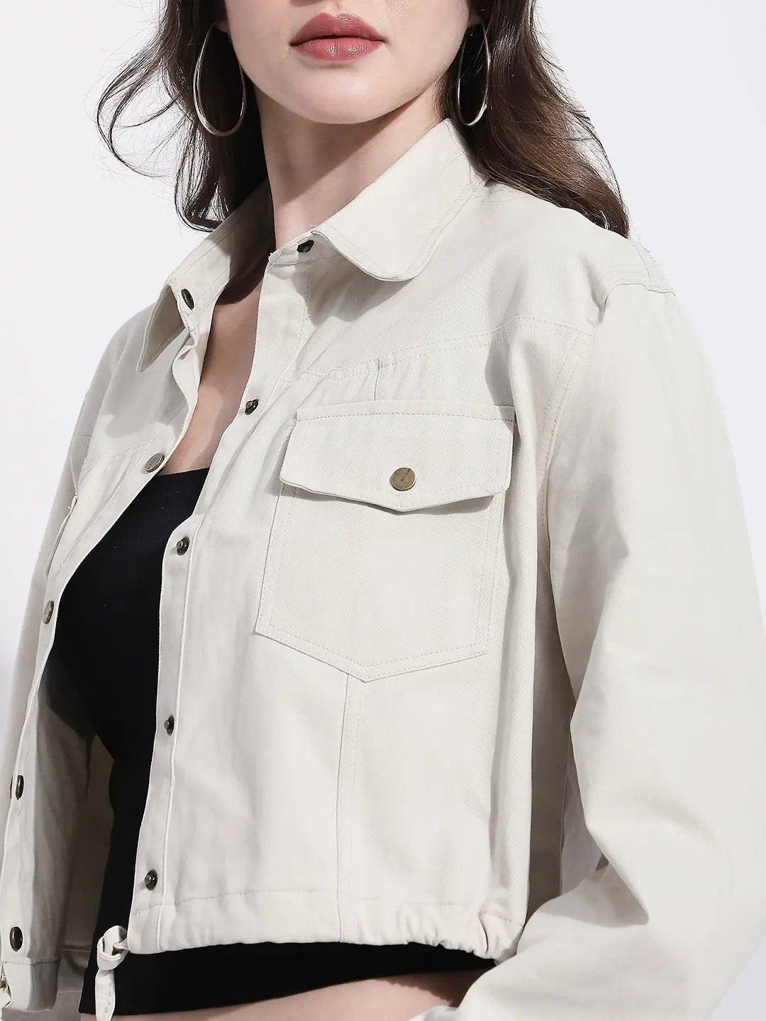Women's Off White Cropped Denim Jacket with Adjustable Hem