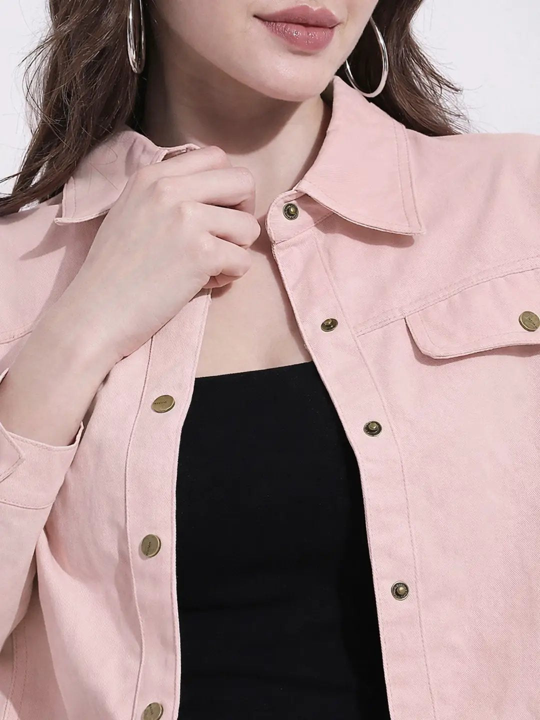 Women's Pink Cropped Denim Jacket with Elasticated Hem