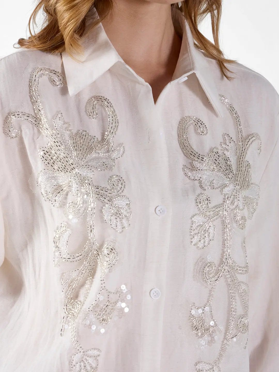 Women's Embellished Off White Shirt with Sequin Floral Detail