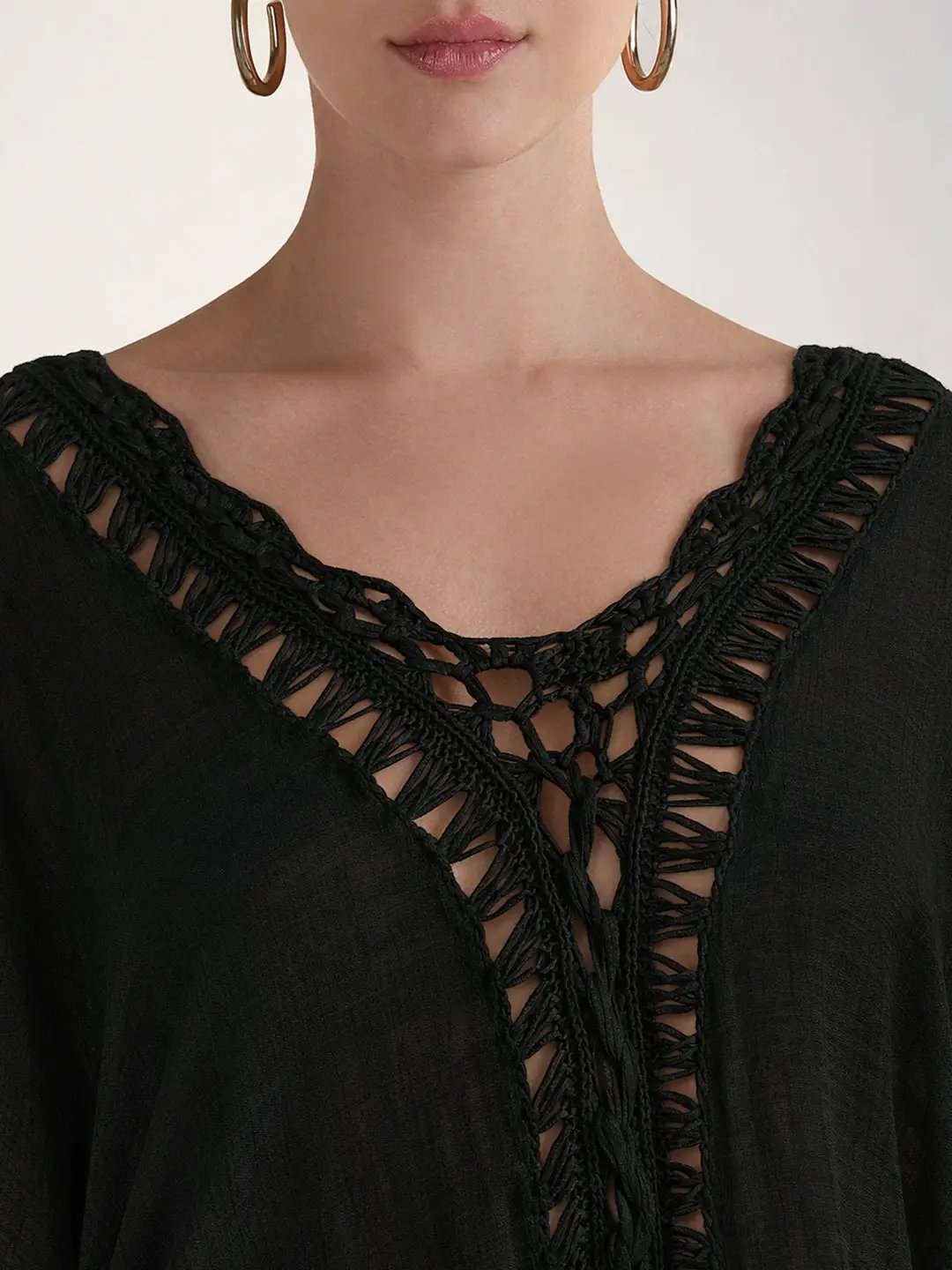 Women's Black Crochet Trim Kaftan Dress