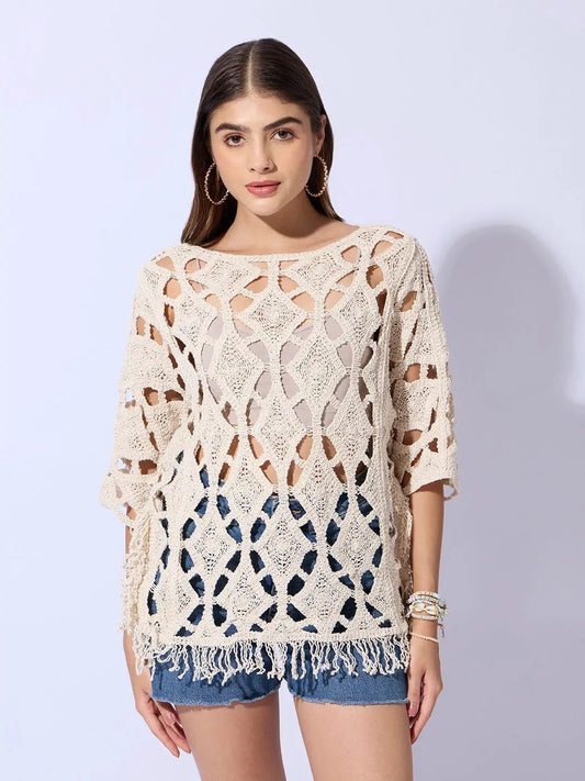 Women's Crochet Cream Top with Fringe Hem
