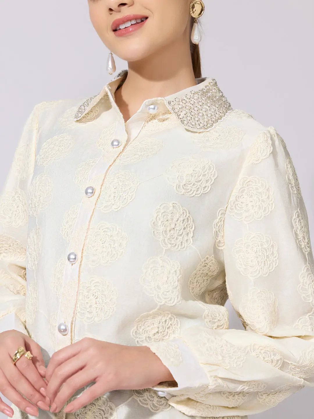 Women's Textured Floral Cream Shirt with Embellished Collar