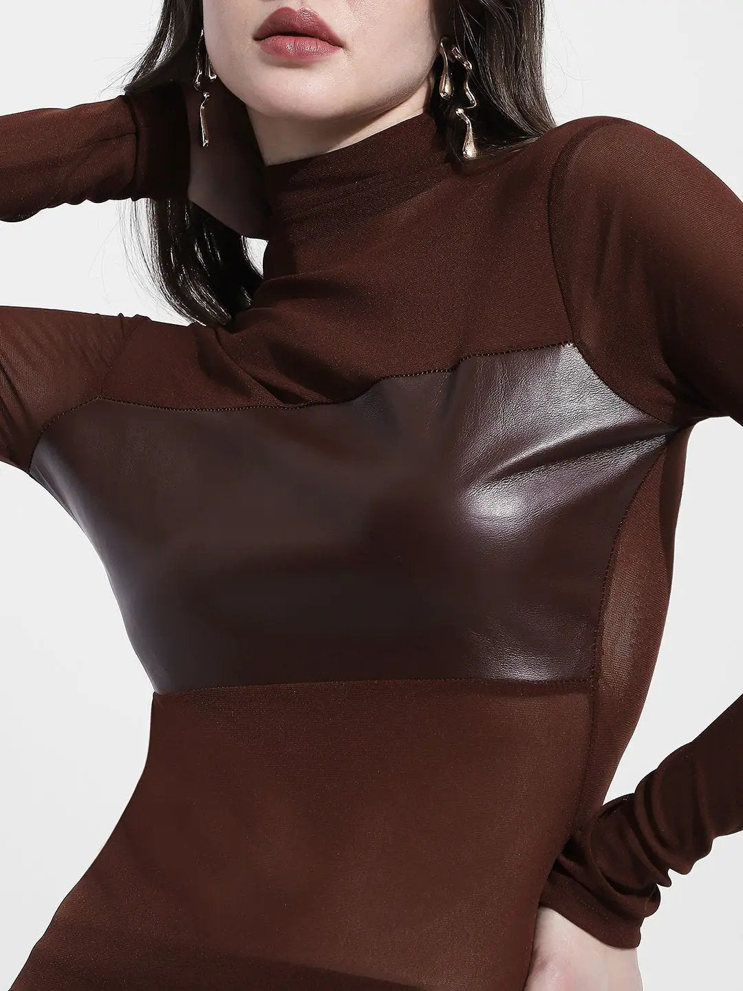 Women's Brown Sheer High Neck Long Sleeve Top