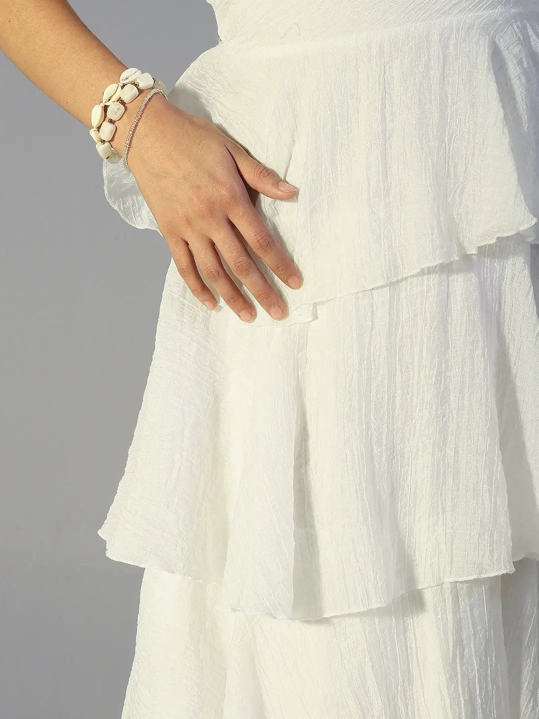 Women's White Layered Ruffle Strapless Maxi Dress