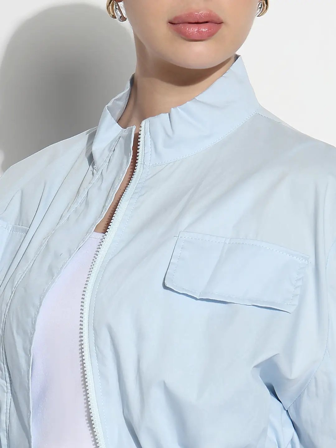 Women's Blue Ruched Sleeve Cropped Bomber Jacket