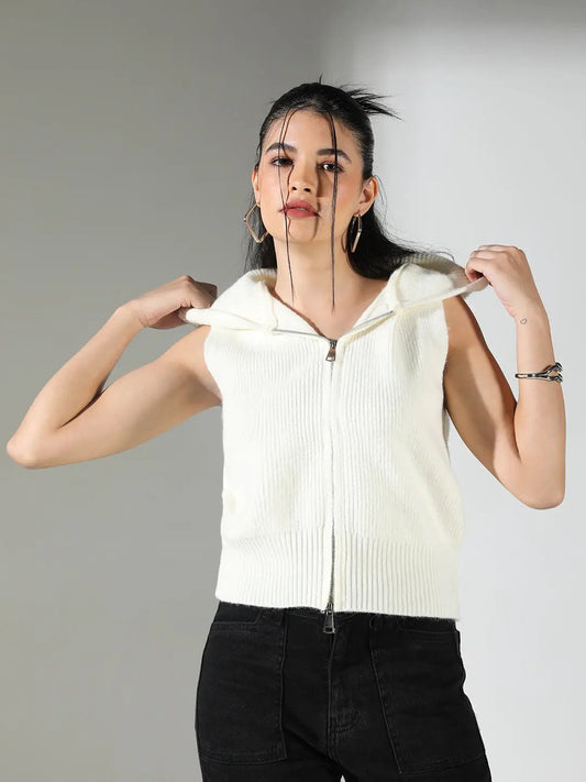 Women's Ribbed Cream Hooded Sleeveless Top with Zip