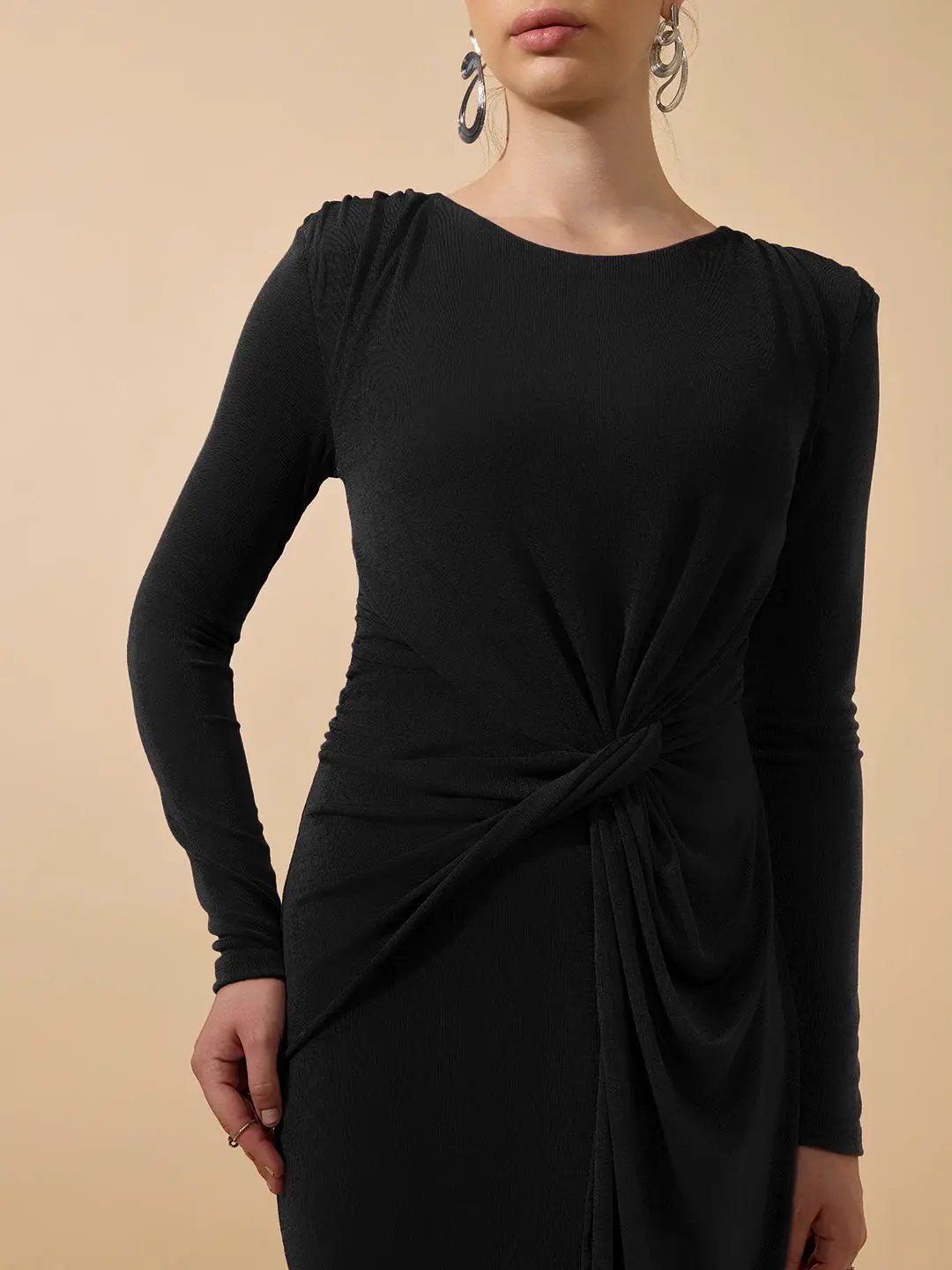 Women's Black Long Sleeve Bodycon Dress with Side Knot Draping
