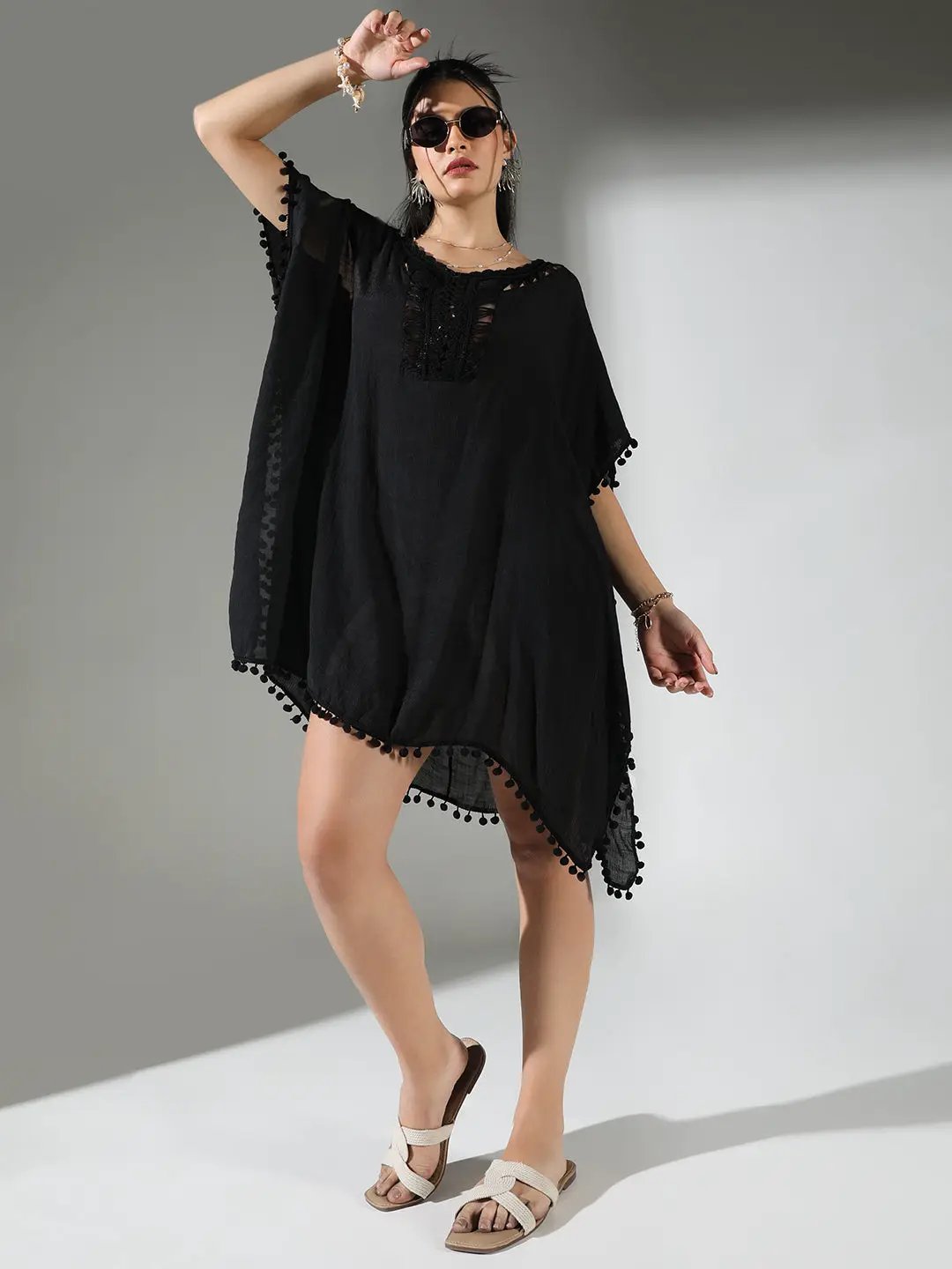 Women's Crochet Detail Black Dress with Pom-Poms