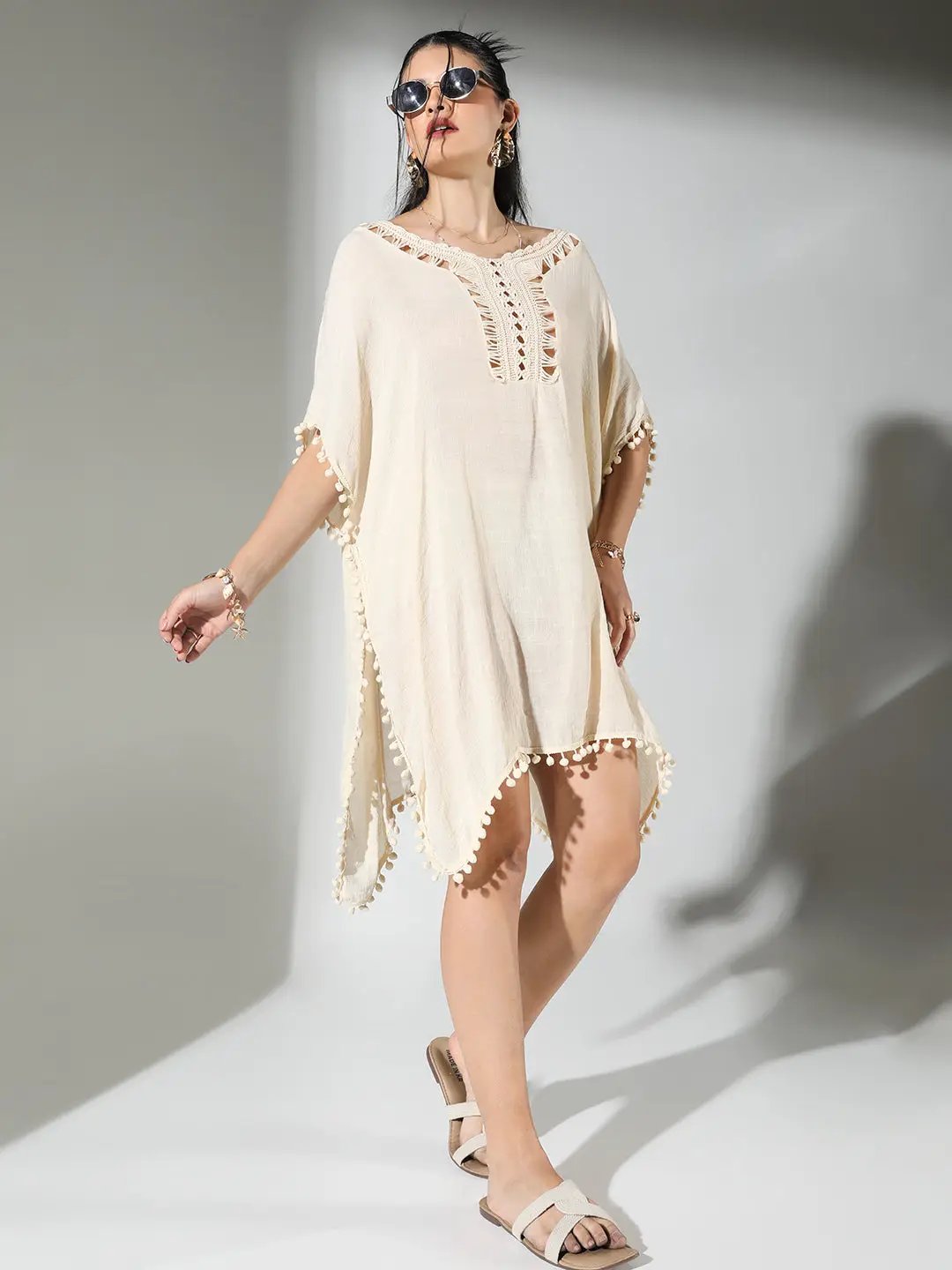 Women's Crochet Detail Cream Dress with Pom-Poms