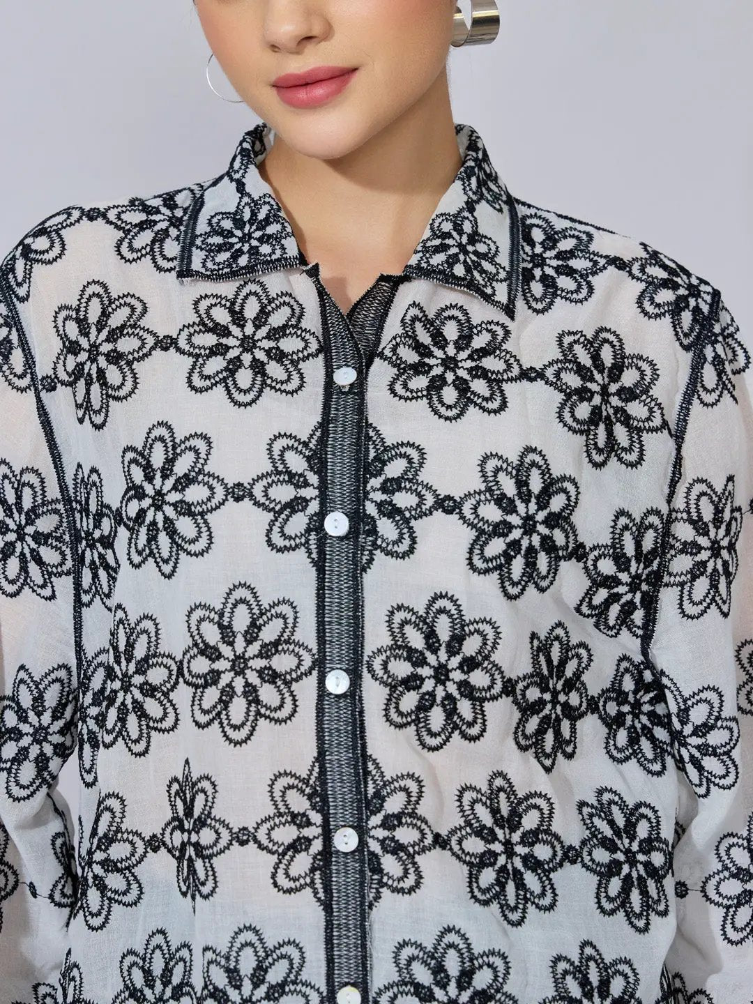 Women's Floral Embroidered Black Sheer Shirt