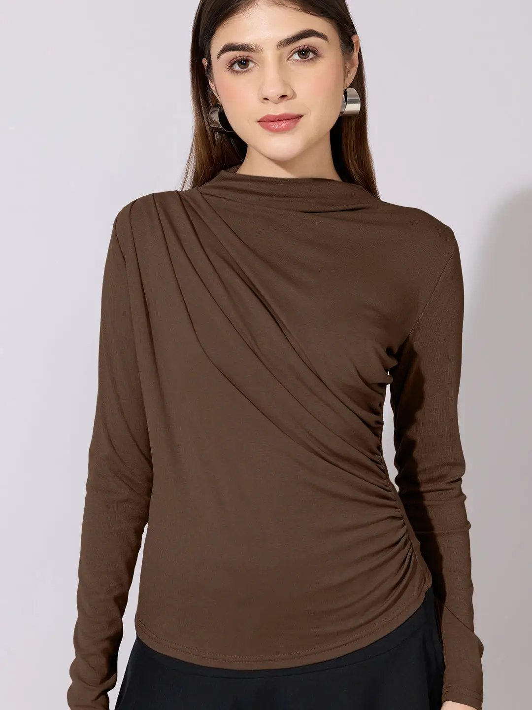 Women's Brown High-Neck Ruched Fitted Top