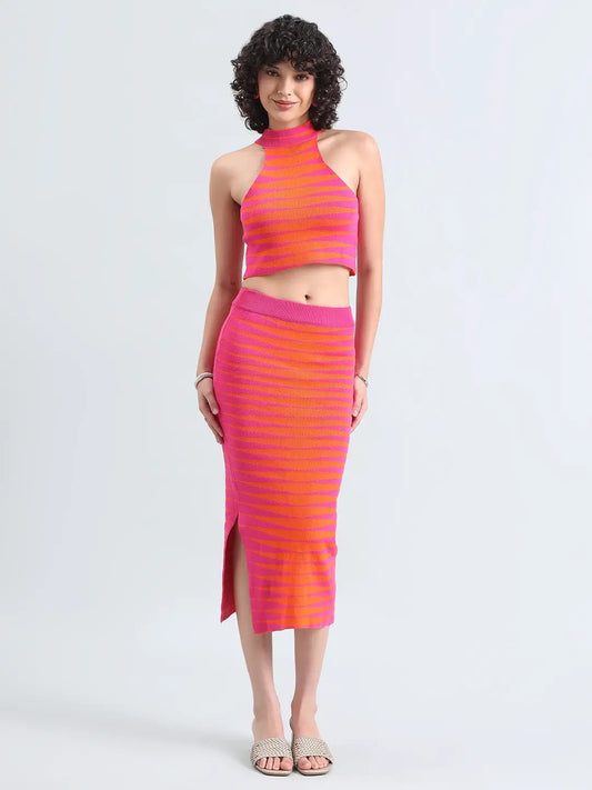 Women's Striped Pink & Orange Top and Skirt Co-Ord Set