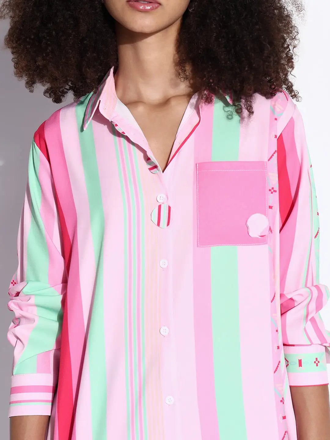 Women's Striped Pink Oversized Shirt with Chest Pocket