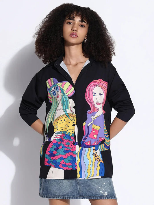Women's Graphic Black Oversized Shirt