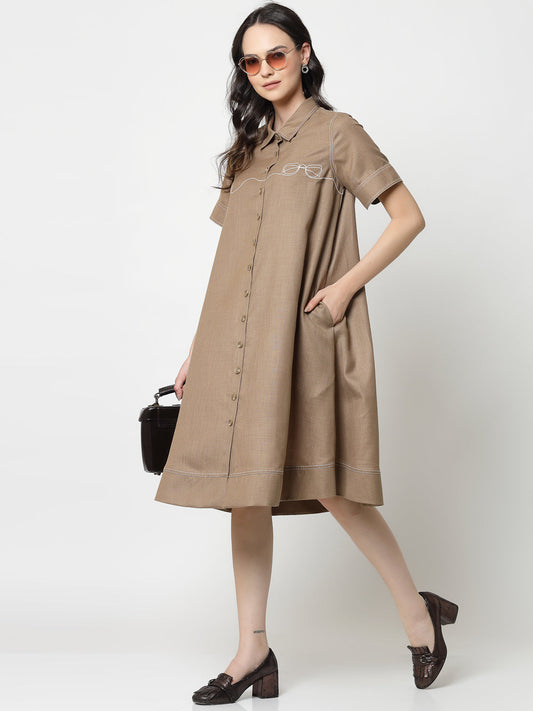 Dark Beige Dress With Embroidered Spectacles