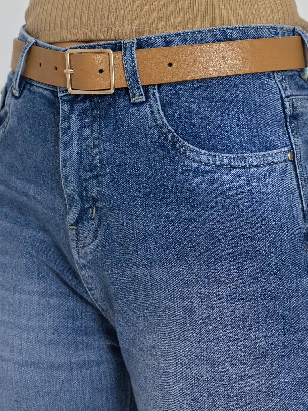 Women's Blue High-Rise Straight Fit Denim Jeans with Belt