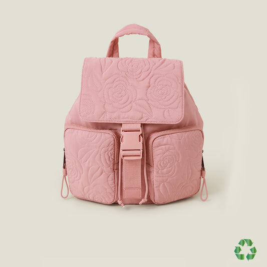 Pink Recycled Polyester Floral Quilted Backpack