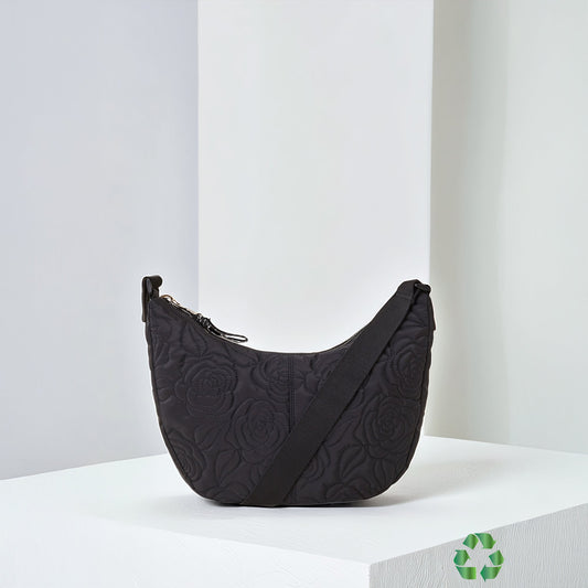Black Recycled Polyester Large Floral Quilted Sling Bag