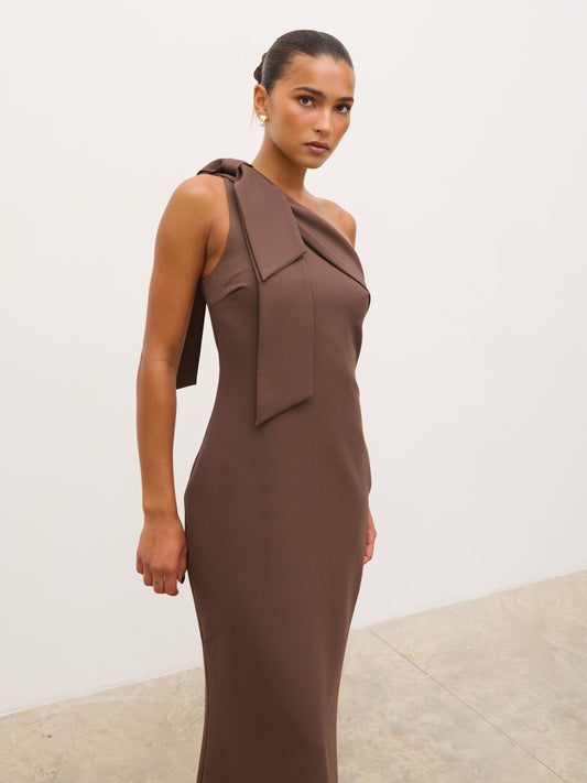 Nevaeh One Shoulder Crepe Maxi Dress - Chocolate Brown