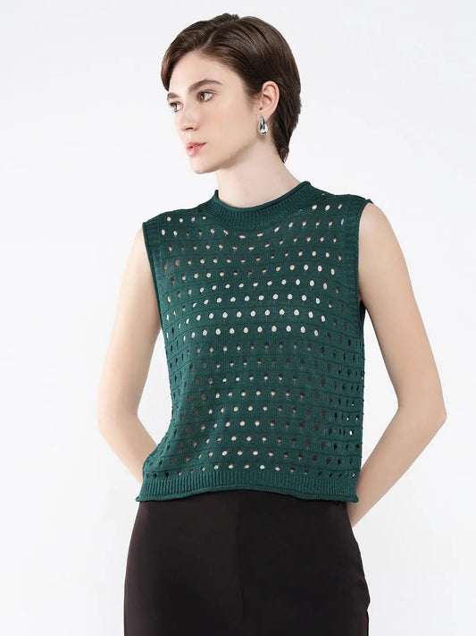 Women's Green Self Design High Neck Acrylic Top