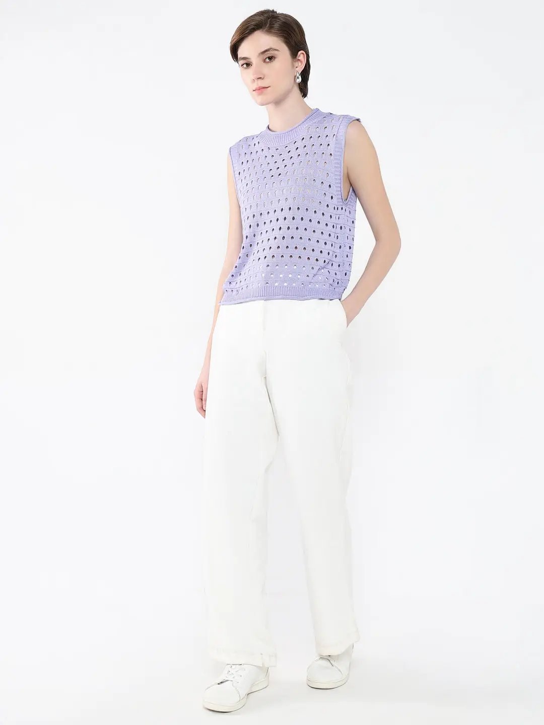Women's Purple Self Design High Neck Acrylic Top