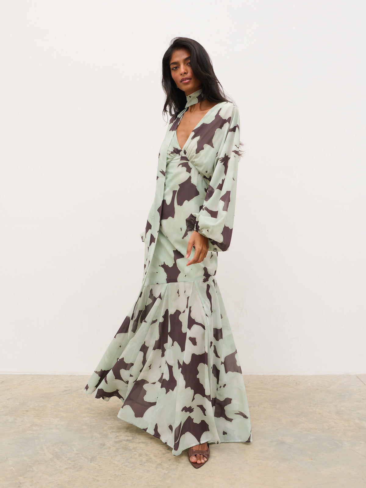 Petula Batwing Scarf Maxi Dress - Mint Watercolour Floral