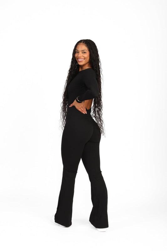 ATB Long Sleeve Open Back Flare Jumpsuits