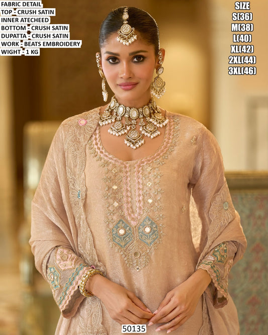 Elegant Sage Green Embroidered Crush Satin 3-Piece Suit with Dupatta Beige