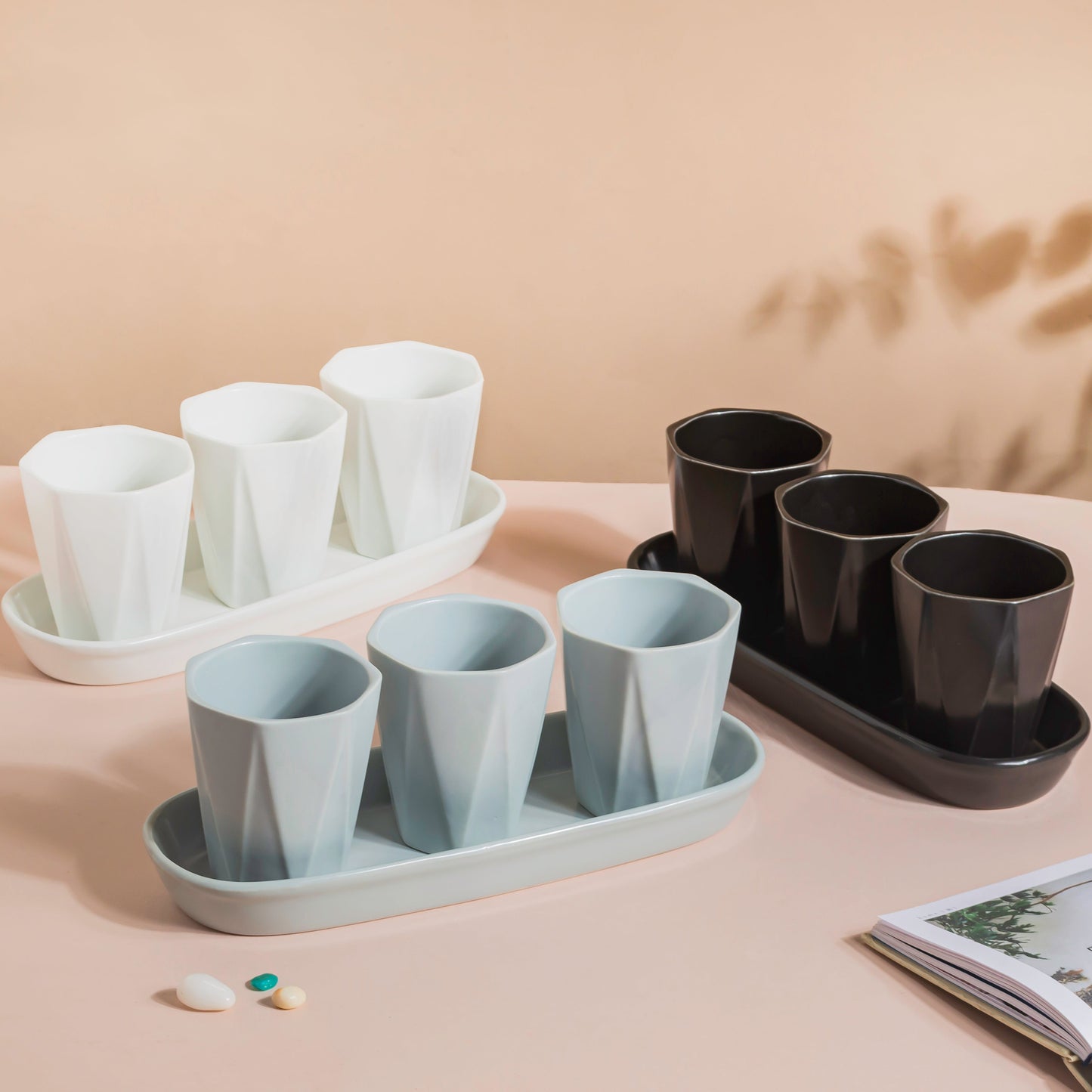Ternion Textured Planter Set Of 3 With Plate Blue Grey