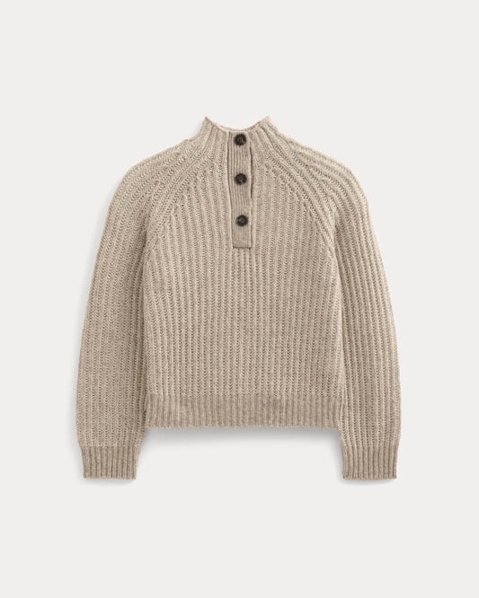 Funnel-Neck Ribbed Henley Sweater | Heathered Almond / Bone Vertical Stripe