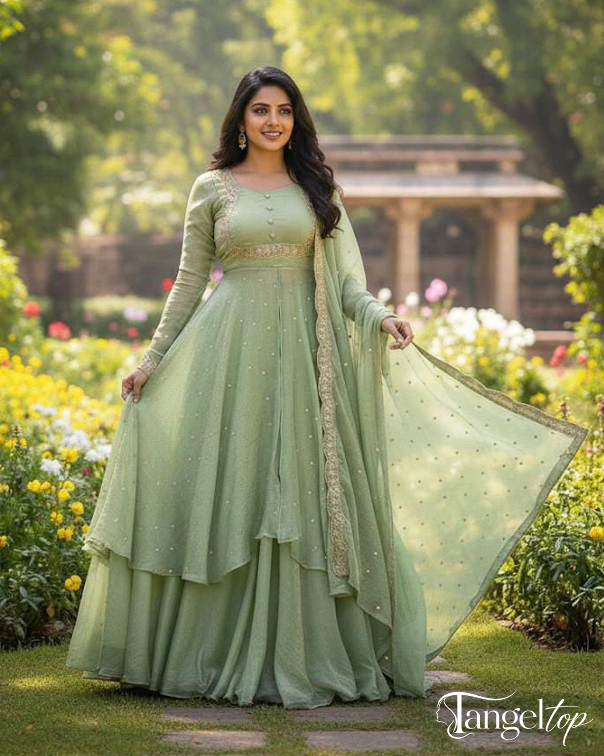 Elegant Sage Green Embroidered Anarkali Gown with Dupatta