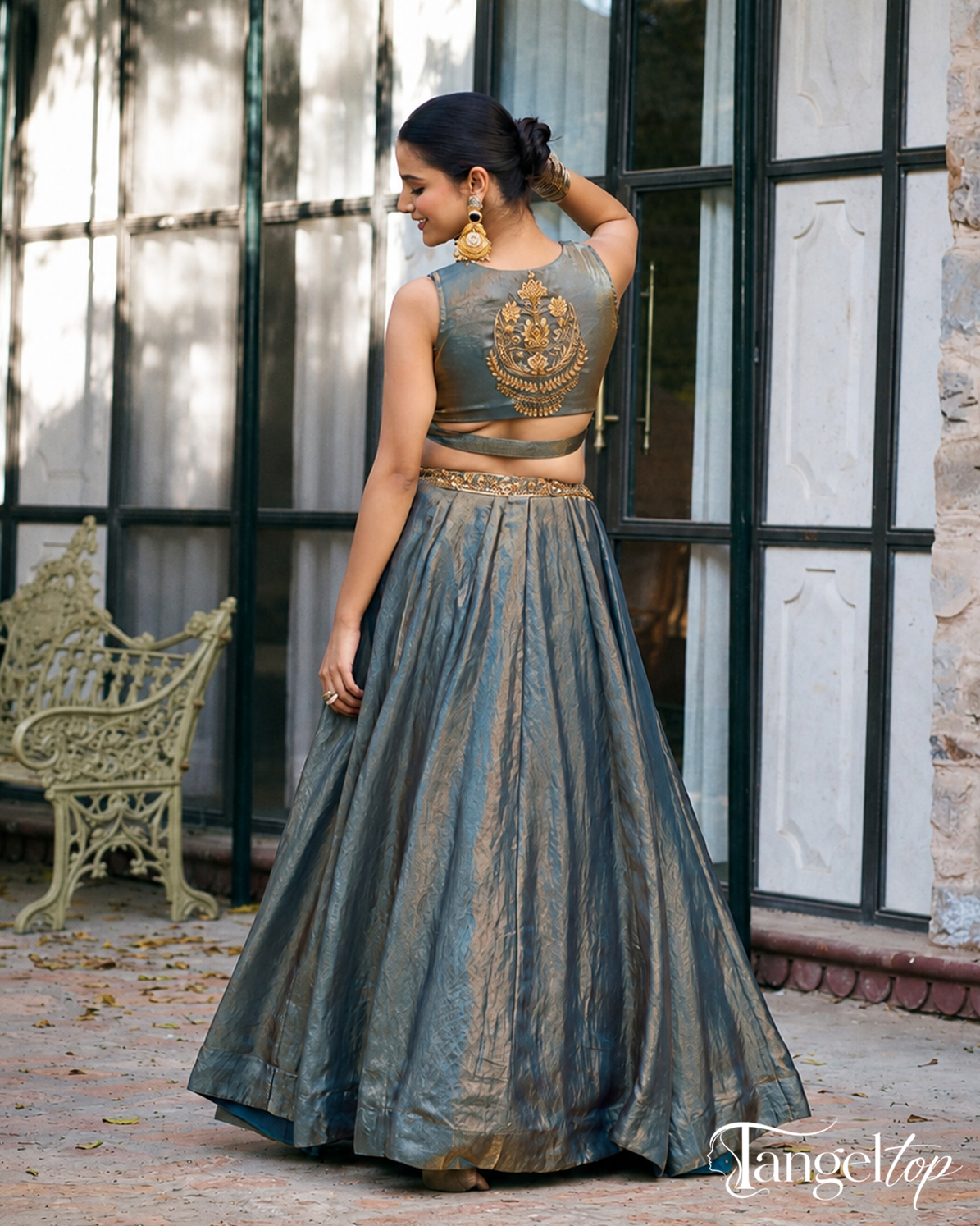 Elegant Steel Blue Draped Anarkali Gown with Embroidered Border